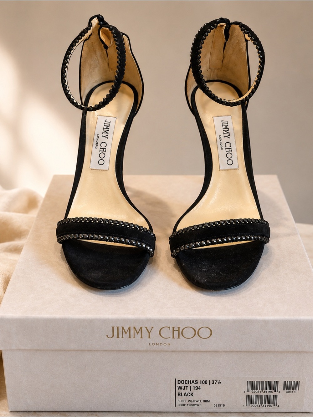Jimmy Choo Black Dochas 100 Ankle-Strap Suede Heels Sz 37.5 Box and Dust Bag